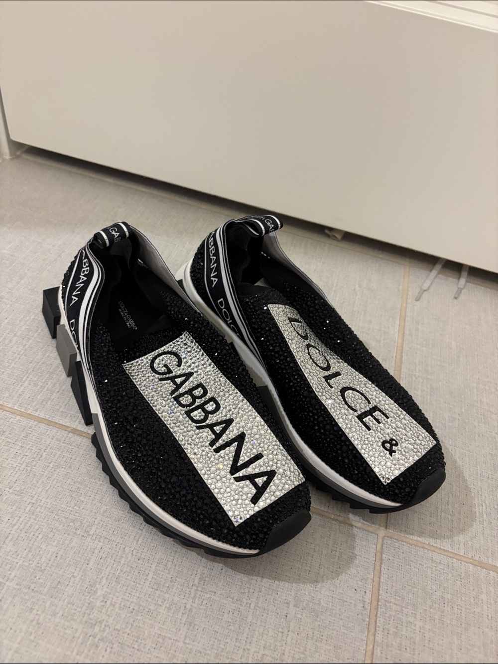 Dolce & Gabbana Black and White Crystal Logo Slip-On Sneakers